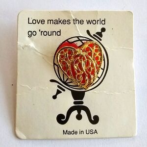 Vintage heart brooch gold tone filigree pin Love makes the world go round